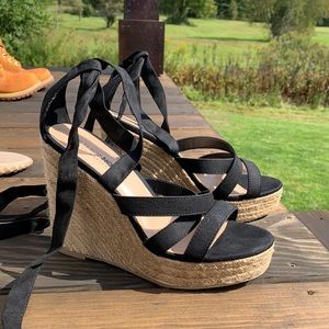 Black tie up wedges- 8.5 women. Comes with free pair of tan spiked sandals!!!